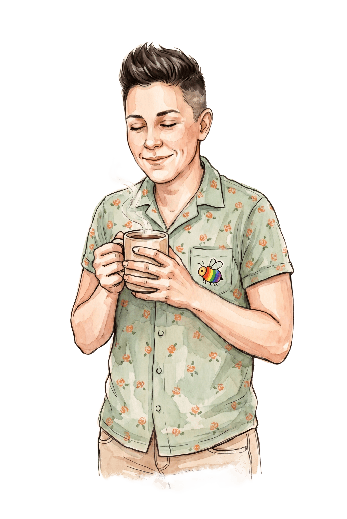 Levee holding a warm drink after closing the books