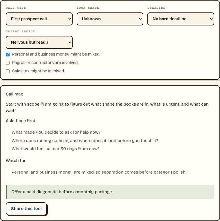 Client Call Triage showing a first-call map for a fictional prospect