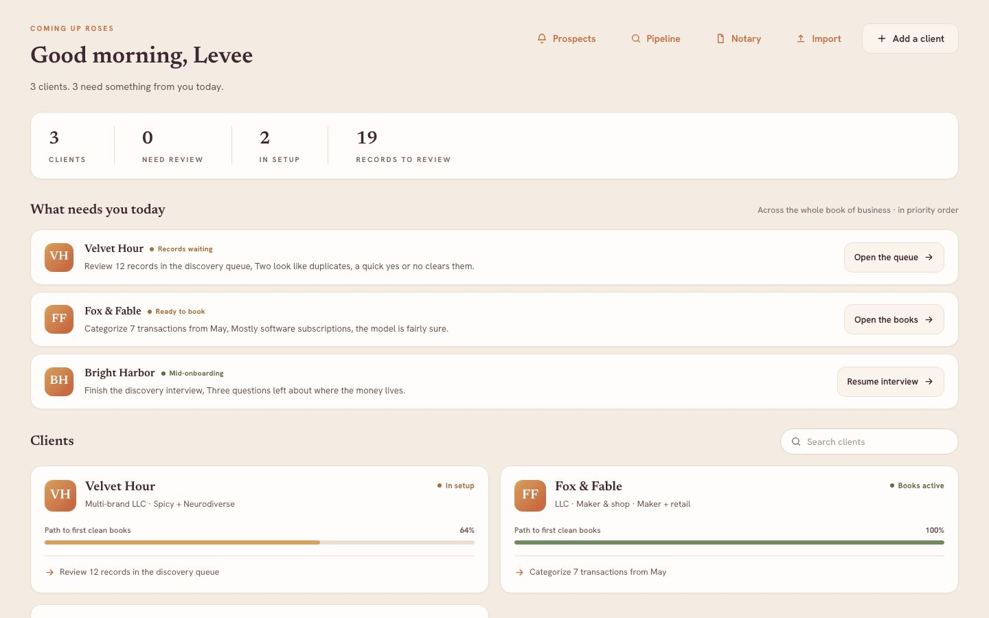 Coming Up Roses practice dashboard showing fictional businesses