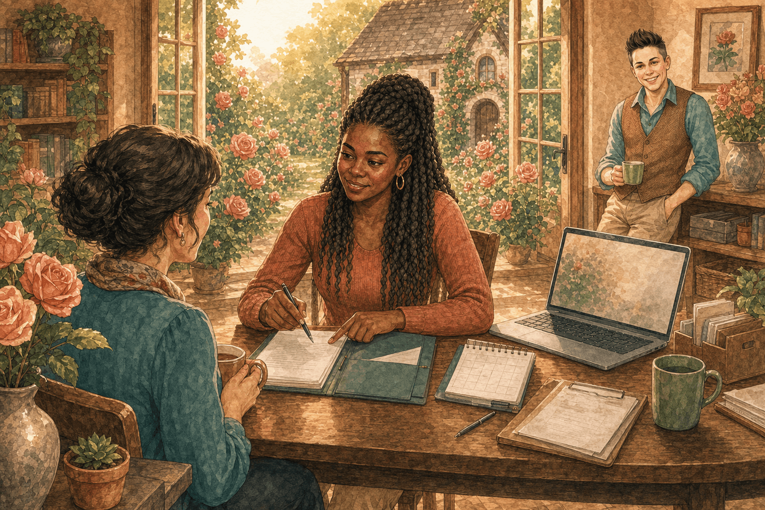 A new bookkeeper confidently guiding a client while Levee stands back with a warm drink