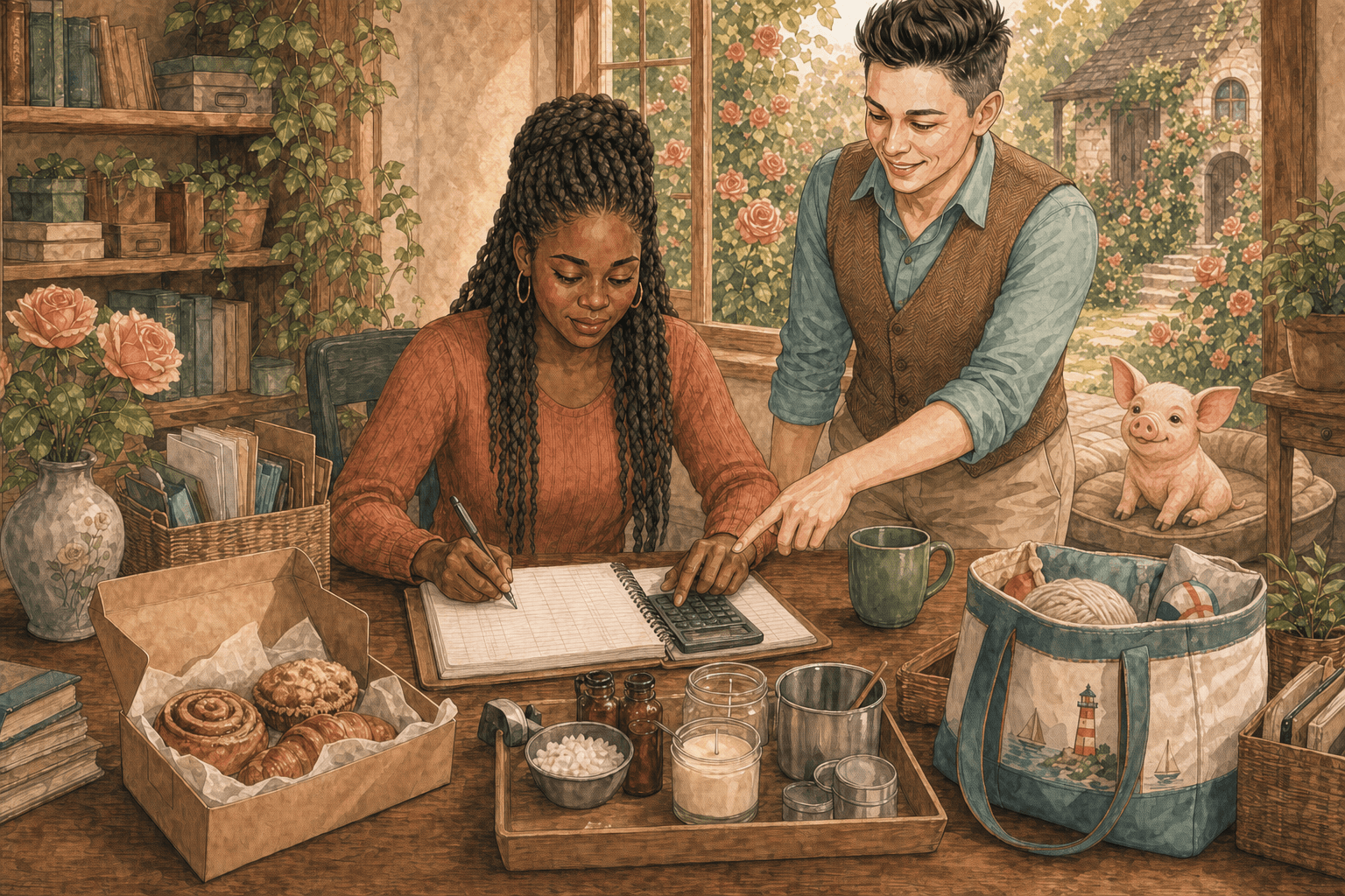 A new bookkeeper practicing with fictional business materials while Levee teaches and Truffles watches