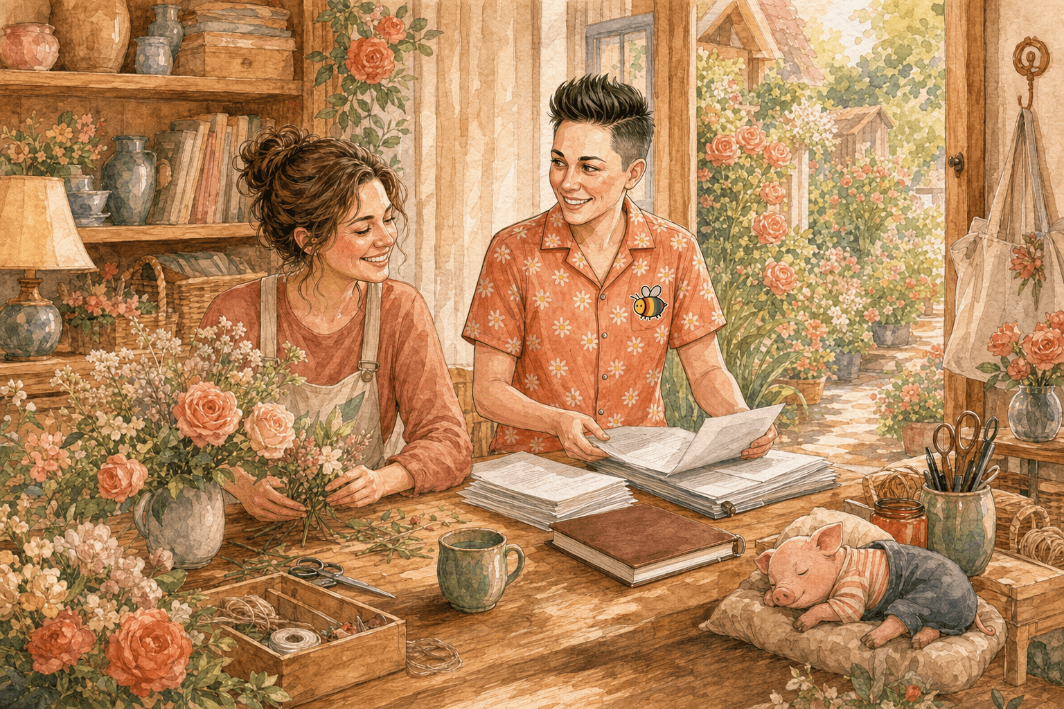 A maker arranging flowers while Levee calmly handles the monthly books and Truffles naps nearby