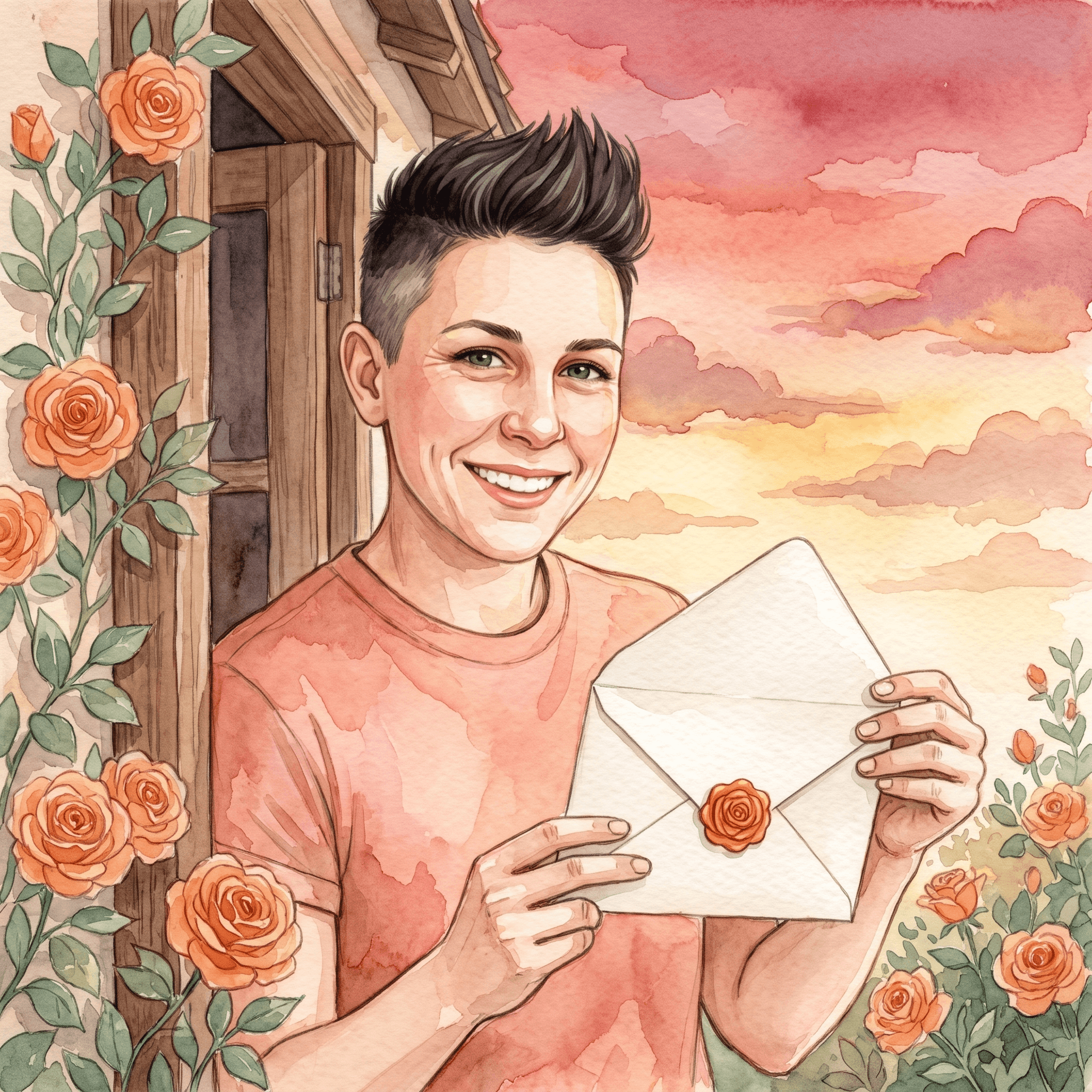 Levee holding a letter in a rose garden